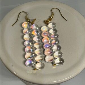 Elegant Gold tone and Iridescent glass Drop pierced Earrings springtime glam